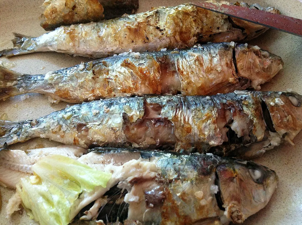 Grilled sardines served with lemon in Portugal